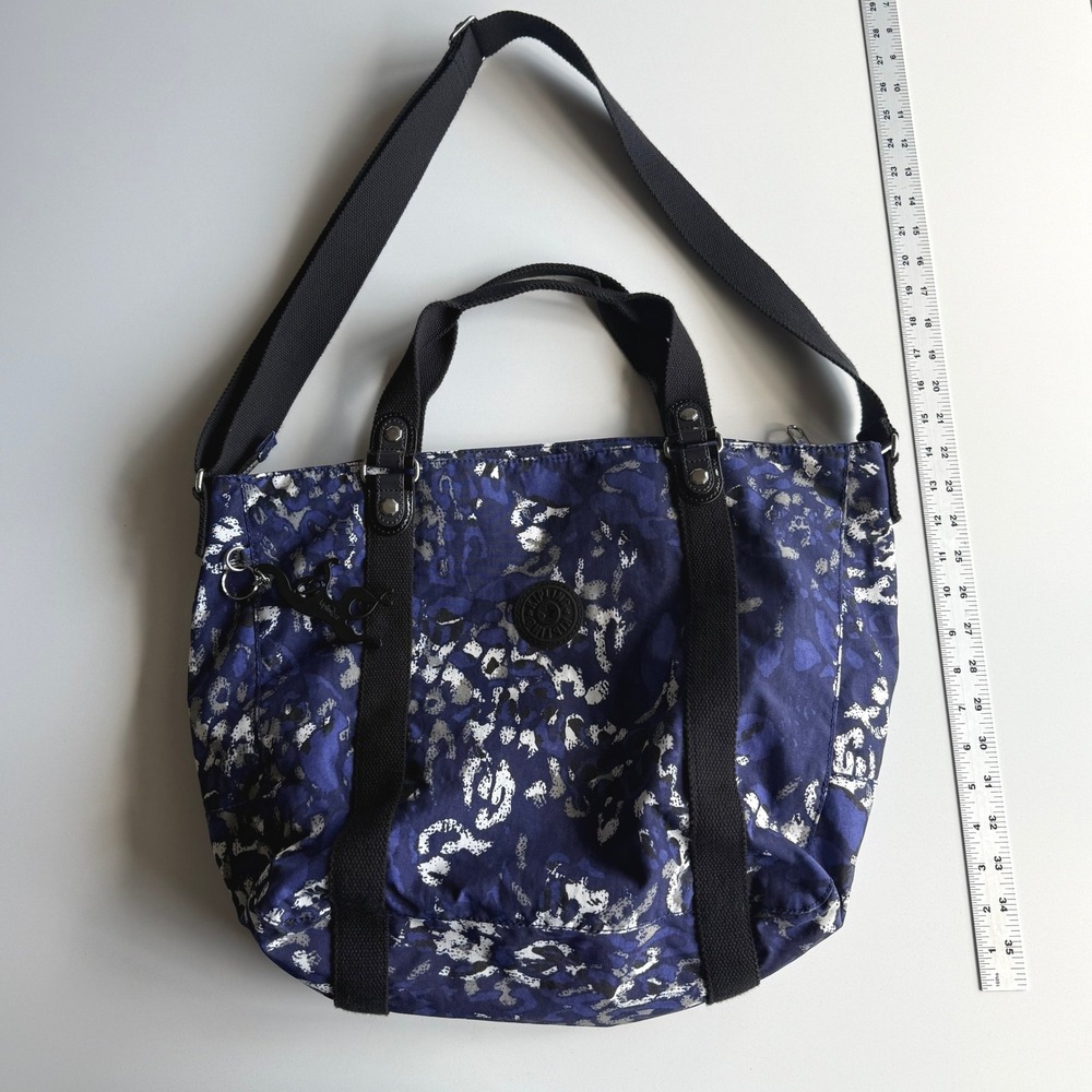 Kipling Adara Ripple Print Monkey Charm Blue Black Top Zip Shoulder Tote Bag‎ - Picture 9 of 10